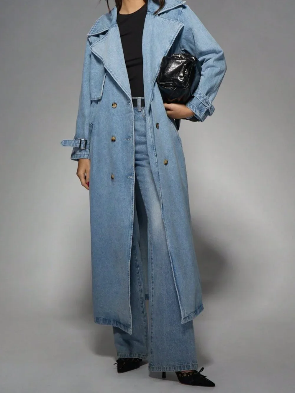 Light Wash Oversized Denim Women's Long Double Breasted Trench Coat - Picture 3 of 7